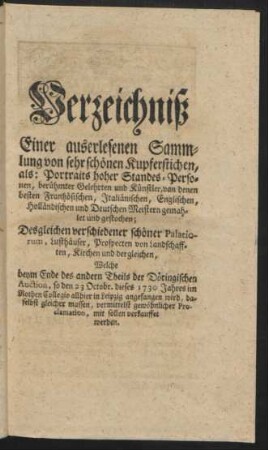 Verzeichniß Einer auserlesenen Sammlung von sehr schönen Kupferstichen ...