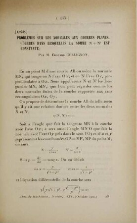 [O2 b] Problèmes sur les normales aux courbes planes. Courbes dans lesquelles la somme N + N´ est constante.