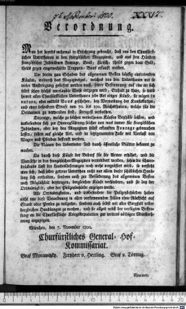 Verordnung. : München, den 7. November 1800. Churfürstliches General-Hof-Kommissariat. Graf Morawitzky. Freyherr v. Hertling. Graf v. Törring. Nemmer.