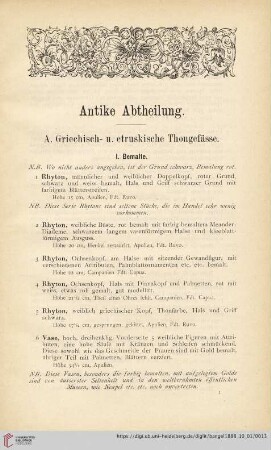A. Griechisch. u. etruskische Thongefässe (Nr. 1 - 63)