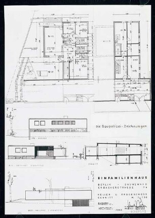 Villa des Architekten Erbacher Straße 7a, Berlin-Grunewald: Grundrisse, Schnitt und Ansichten 1:100