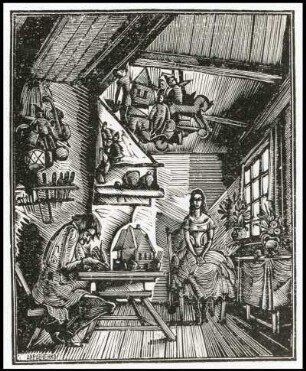 Illustration zu Charles Dickens: Das Heimchen am Herd, Holzstich von Alexej Krawtschenko. 1923. Staatsverlag, Moskau 1925