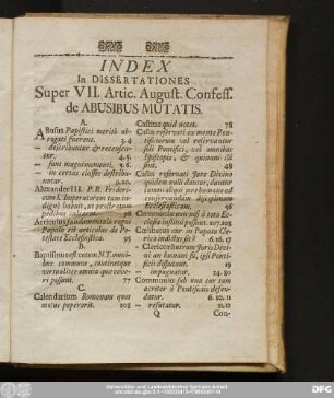 Index In Dissertationes Super VII. Artic. August. Confess. de Abusibus Mutatis.