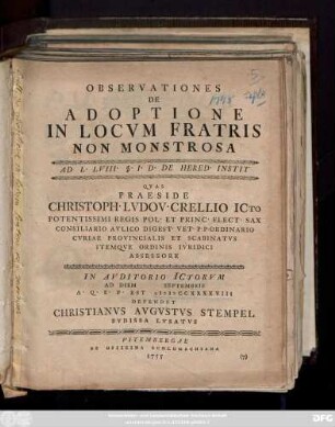 Observationes De Adoptione In Locvm Fratris Non Monstrosa : Ad L. LVIII. §. I. D. De Hered. Instit