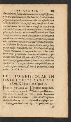 Lectio Epistolae In Festo Corporis Christi: I. Cor. XI. a vers. 23. usq[ue] ad 30.