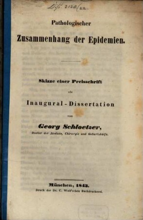 Pathologischer Zusammenhang der Epidemien : Skizze einer Preisschrift