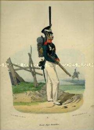 Uniformdarstellung, Jäger des Garde-Jäger-Bataillons, Preußen 1830. Aus: Elzholz u.a.: Das Preussische Heer. Tafel 3.