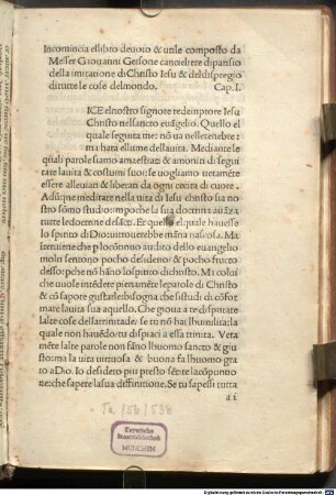 Incomincia ellibro della imitatione di Christo Iesu