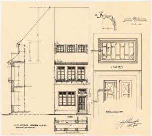 Fassaden der nach dem Brand am 17. Juni 1915 wiederaufgebauten Häuser, Duderstadt: Aufriss: Ansicht von der Straße 1:50; Fassadenschnitte horizontal und vertikal 1:50; Details 1:10: Haustür und Gesims