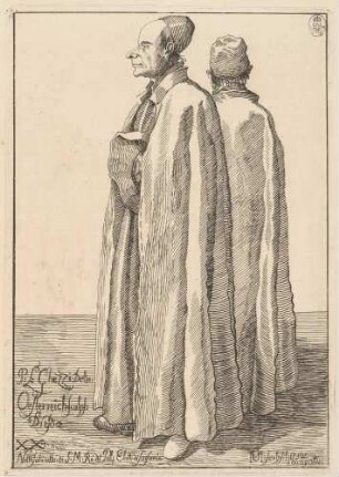 Zwei Jesuiten (Pater Giulio Cesare Cordara, Historiograph der Jesuiten, mit einem Gefährten), Bl. 20 der "Raccolta di XXIV Caricature", Dresden 1750
