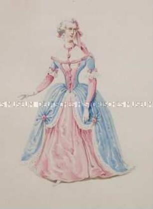 Frau im rosa-blauen Kleid mit Reifrock - Tafel aus Franceschini/Kostümbilder (Kassette 1)