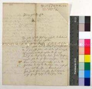 Brief Charlotte Emilie Kattner an ihren Verlobten Johann David Enke im Feld über Familie und Freunde sowie ihre Sorge um ihn
