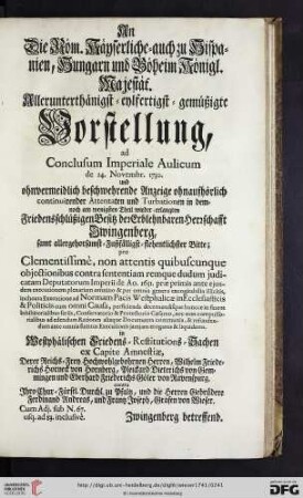 Allerunterthänigst = eylfertigst = gemüßigte Vorstellung, ad Conclusum Imperiale Aulicum [...]