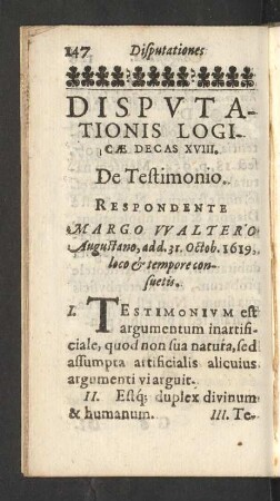 Disputationis Logicae Decas XVIII. De Testimonio.