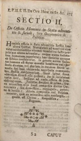 Sectio II. De Officio Hominis in Statu adventitio & sociali, sive Oeconomico & Politico.