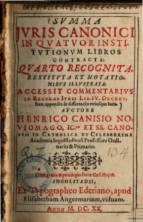 Svmma Ivris Canonici : In Qvatvor Institvtionvm Libros Contracta