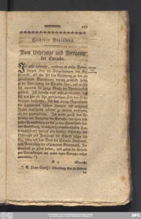 Siebente Vorlesung. Vom Ursprunge und Fortgange der Sprache.