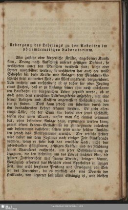 Uebergang des Lehrlings zu den Arbeiten im pharmaceutischen Laboratorium