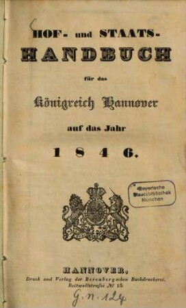 Hof- und Staatshandbuch für das Königreich Hannover. 1846