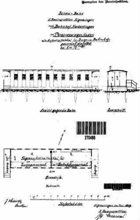 Herbertingen: Nebengebäude Personenwagen-Kasten Grundriß,Querschnitt,Längsansicht