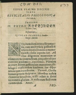 Super Psalmo Decimo Sexto Exercitatio Philologica Prima, ... Respondente Nicolao Brandes