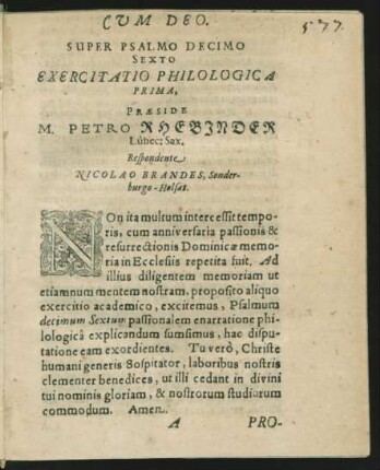 Super Psalmo Decimo Sexto Exercitatio Philologica Prima, ... Respondente Nicolao Brandes
