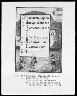 Gebetbuch mit Kalender — Kalenderseite März mit Monatsbild und Tierkreiszeichen, Folio 4recto