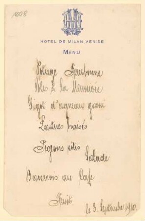 Menükarte : Menü, Hotel Milan Venise