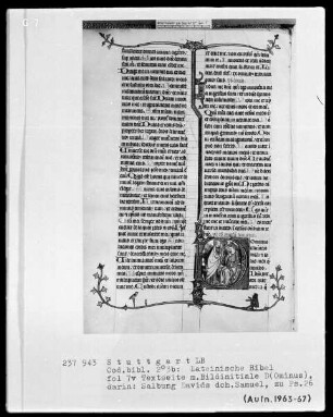 Lateinische Bibel, drei Bände — Initiale D (ominus) mit der Salbung Davids durch Samuel, Folio 7verso