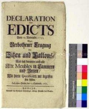 Bekanntmachung des Edikt von Friedrich Wilhelm I. König in Preußen betreffs Kleiderordnung bzw. Stoff- und Möbelhandel (?)