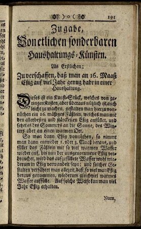 Zugabe, Von etlichen sonderbaren Haushaltungs-Künsten.