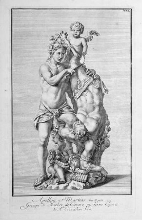 Thomann von Hagelstein, Christian Raymond (Stecher) nach Corradini, Antonio (Bildhauer): Apollon et Martias, Abb. 202. Kupferstich; 403 x 245 mm (Plattenrand). Aus: Leplat, Raymond: Recueil des marbes antiques qui se trouvent dans la Galerie du Roy de Pologne à Dresden avec privilege du roy, l'année 1733. Dresden: Stössel, 1733. Dresden: SLUB 31.gr.2.1