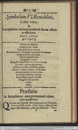 Symbolum VI. Reuchlini, Calix vitae, In Locupletem interpretationis sacrae usum & effectum, Salutem publicam
