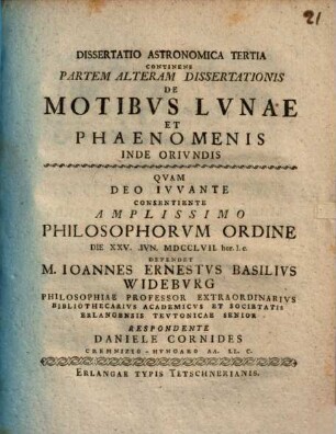 Dissertatio Philosophico-Astronomica De Motv Terrae Et Phaenomenis Inde Orivndis, Dissertatio Astronomica Tertia