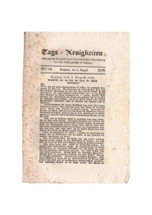 "Tags-Neuigkeiten No. 16; 9. August 1833
