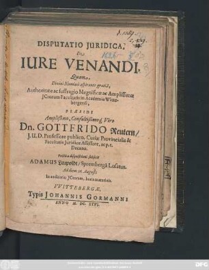 Disputatio Iuridica, De Iure Venandi