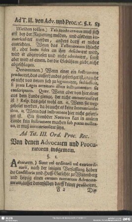 Ad Tit. III. Ord. Proc. Rec. Von denen Advocaten und Procuratoren insgemein