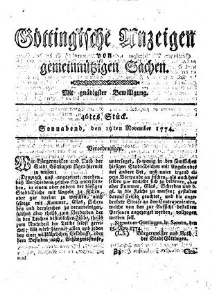 46tes Stück. Sonnabend, den 19ten November 1774.