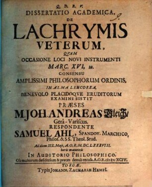 Diss. acad. de lachrymis Veterum