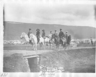 Akureyri (Island). Passagiere des Hochseepassagierdampfers "Victoria Luise" auf Islandpferden. Blick über die Strandgata zum Eyjafjord (nach Osten)