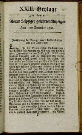 XXIII. Beylage zu den Leipziger gelehrten Anzeigen - Zum 1sten December 1796.