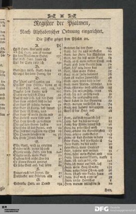 Register der Psalmen, Nach Alphabetischer Ordnung eingerichtet.