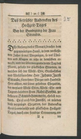 Das betrübte Andencken des Hochzeit-Tages Bey der Beerdigung der Frau Straubin