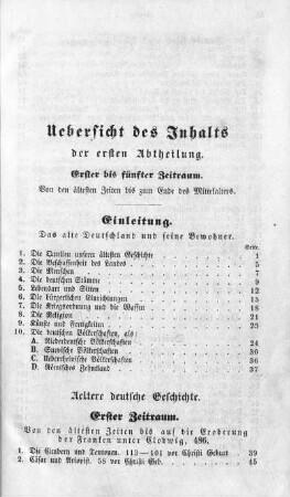 Uebersicht des Inhalts der ersten Abtheilung. Erster bis fünfter Zeitraum. Von den ältesten Zeiten bis zum Ende des Mittelalters