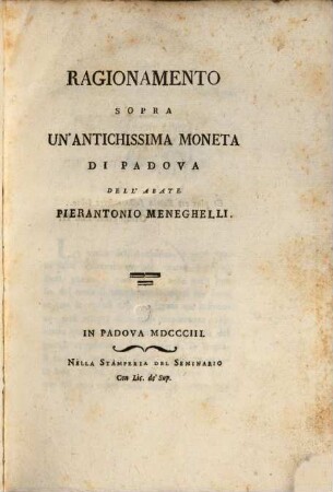 Ragionamento sopra un'antichissima moneta di Padova