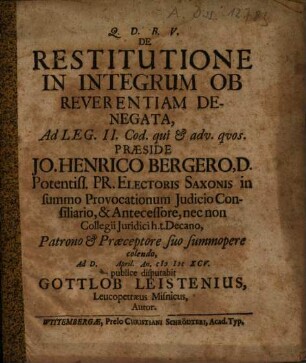 De restitutione in integrum ob reverentiam denegata