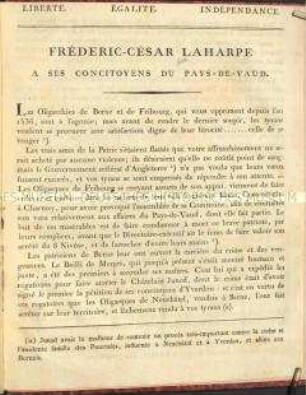 Revolutionärer Aufruf des Fréderic-César Laharpe an seine Schweizer Mitbürger im Waadtland