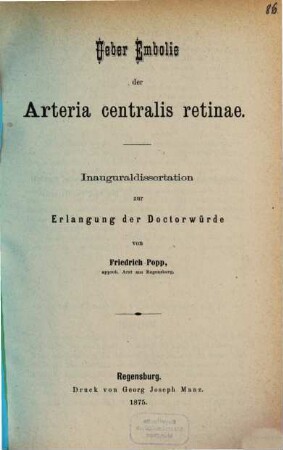 Ueber Embolie der Arteria centralis retinae
