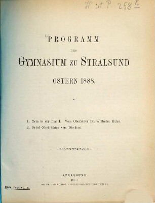 Programm des Gymnasiums zu Stralsund : Ostern .... 1887/88