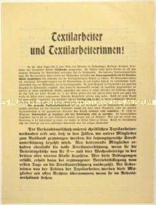 Flugblatt des christlichen Textilarbeiterverbandes gegen politische Streiks